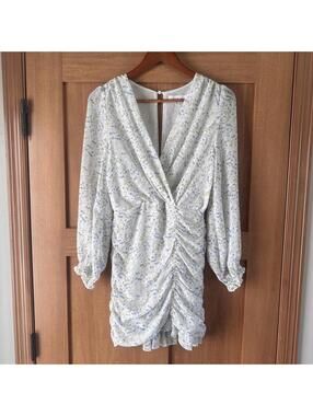 MABLE Ruffle Ivory / Blue Floral Puff Sleeve Rouched Mini Dress Women’s Small